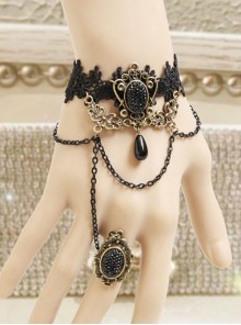 Palace Style Gothic Retro Black Lace Pearl Flower Bracelet One Chain With Ring