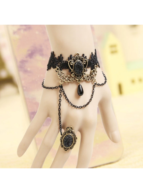 Palace Style Gothic Retro Black Lace Pearl Flower Bracelet One Chain With Ring
