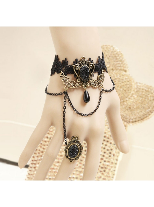 Palace Style Gothic Retro Black Lace Pearl Flower Bracelet One Chain With Ring