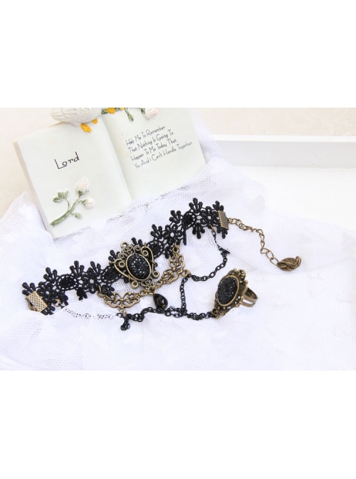 Palace Style Gothic Retro Black Lace Pearl Flower Bracelet One Chain With Ring