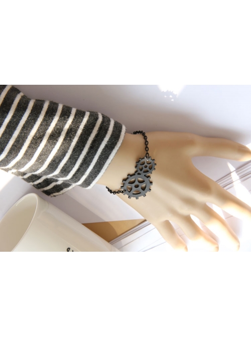 Punk Style Male Female Fashion Casual Black Chain Gear Artificial Leather Bracelet