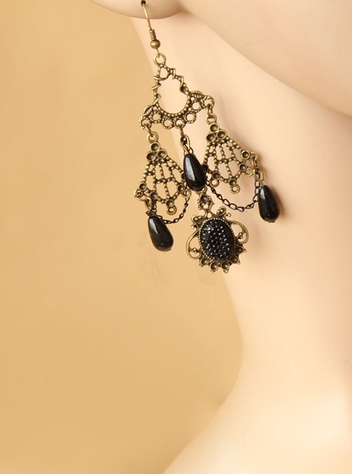 Gothic Retro Hollow Female Black Pattern Long Pearl Gem Earrings