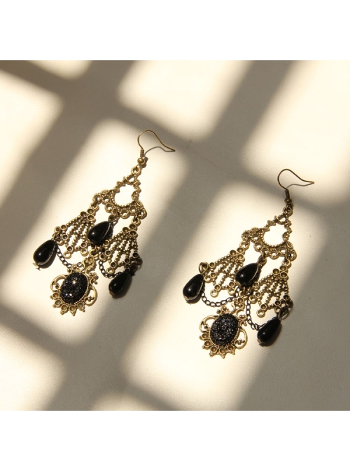 Gothic Retro Hollow Female Black Pattern Long Pearl Gem Earrings