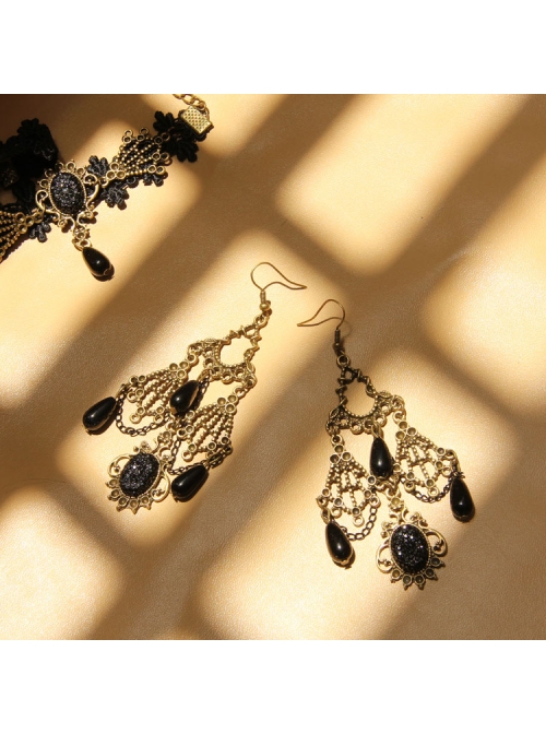 Gothic Retro Hollow Female Black Pattern Long Pearl Gem Earrings
