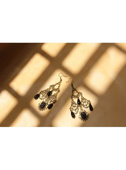 Gothic Retro Hollow Female Black Pattern Long Pearl Gem Earrings