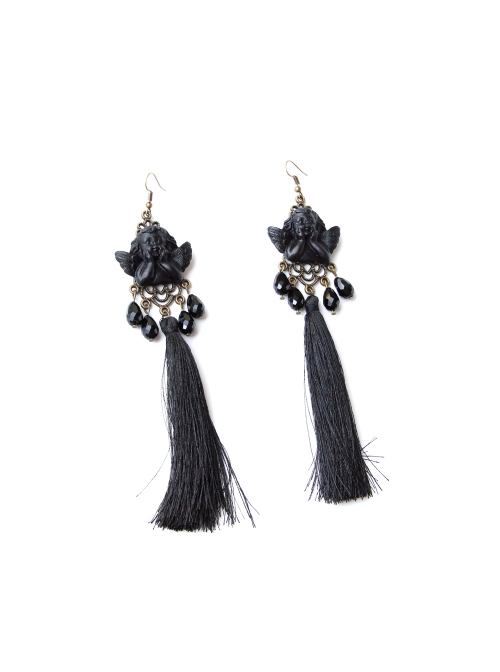 Black Angel Tassel Pearl Retro Long Halloween Gothic Queen Earrings