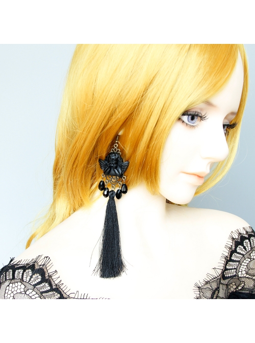 Black Angel Tassel Pearl Retro Long Halloween Gothic Queen Earrings
