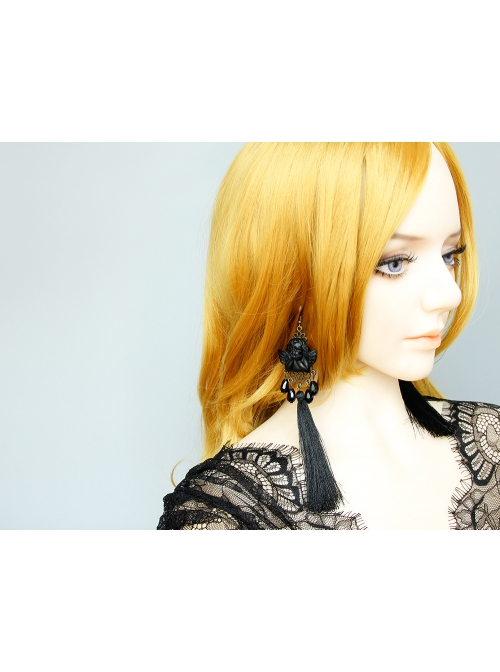 Black Angel Tassel Pearl Retro Long Halloween Gothic Queen Earrings