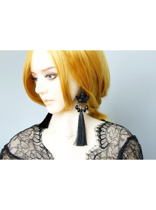 Black Angel Tassel Pearl Retro Long Halloween Gothic Queen Earrings