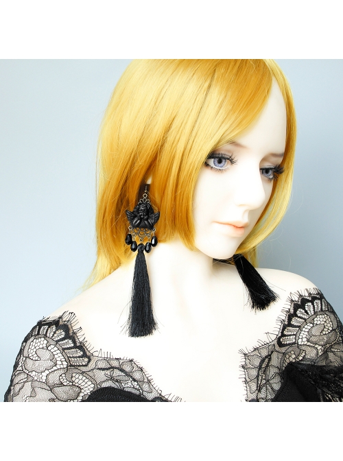 Black Angel Tassel Pearl Retro Long Halloween Gothic Queen Earrings