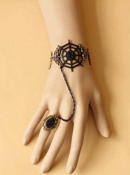 Demon Retro Cobweb Gothic Black Creative Gems Bracelet Ring Set
