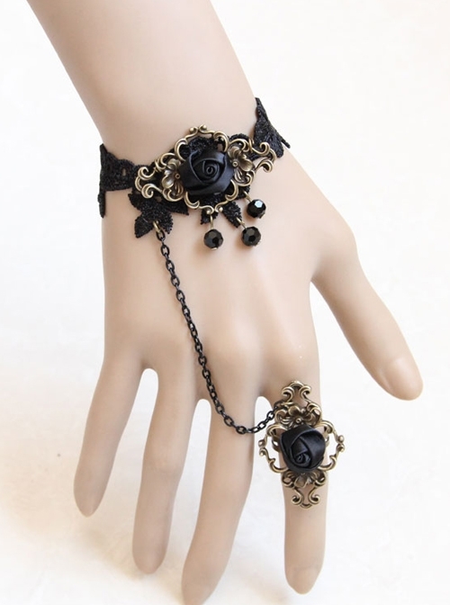 Gothic Black Artificial Crystal Retro Rose Flower Lace Female Bracelet With Ring One Chain