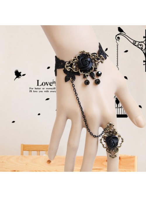 Gothic Black Artificial Crystal Retro Rose Flower Lace Female Bracelet With Ring One Chain