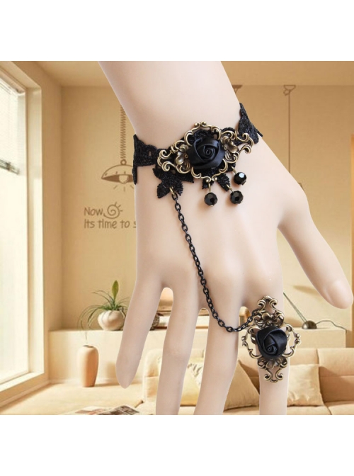 Gothic Black Artificial Crystal Retro Rose Flower Lace Female Bracelet With Ring One Chain