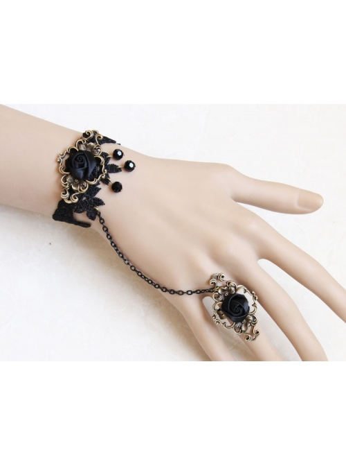 Gothic Black Artificial Crystal Retro Rose Flower Lace Female Bracelet With Ring One Chain