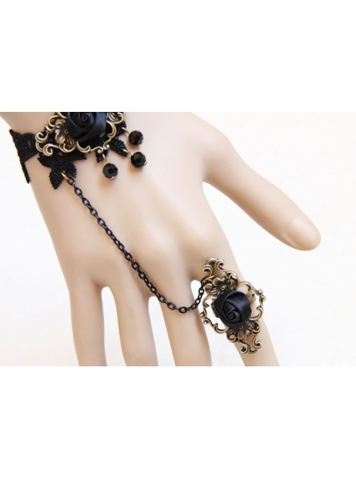 Gothic Black Artificial Crystal Retro Rose Flower Lace Female Bracelet With Ring One Chain