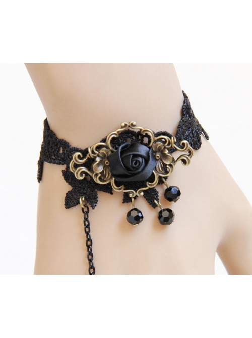 Gothic Black Artificial Crystal Retro Rose Flower Lace Female Bracelet With Ring One Chain