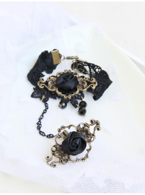Gothic Black Artificial Crystal Retro Rose Flower Lace Female Bracelet With Ring One Chain