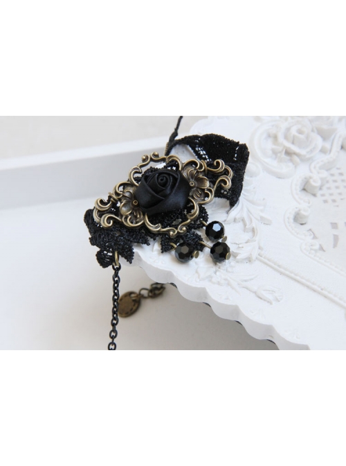 Gothic Black Artificial Crystal Retro Rose Flower Lace Female Bracelet With Ring One Chain