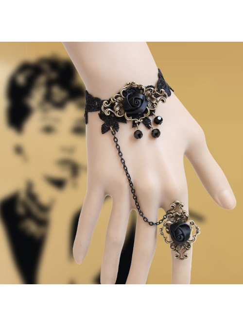 Gothic Black Artificial Crystal Retro Rose Flower Lace Female Bracelet With Ring One Chain