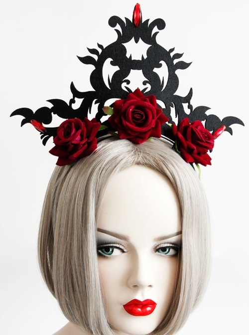 Gothic Queen Red Rose Exaggerated Black Crown Felt Cloth Resin Diamond Headband