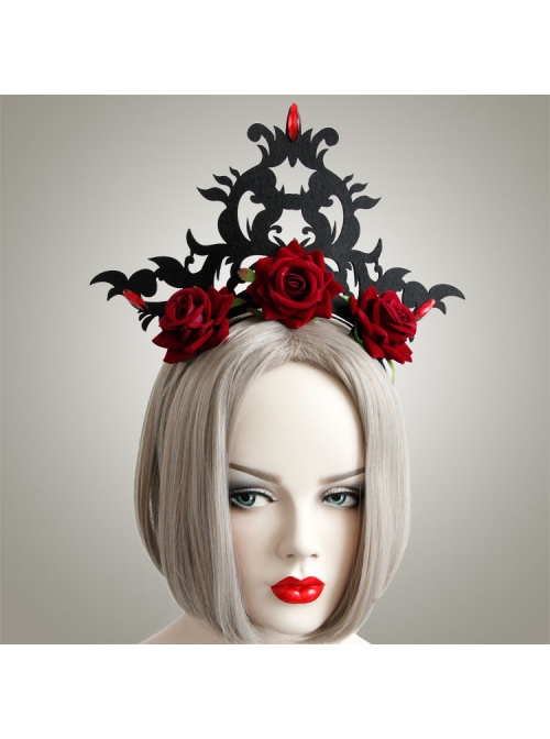 Gothic Queen Red Rose Exaggerated Black Crown Felt Cloth Resin Diamond Headband