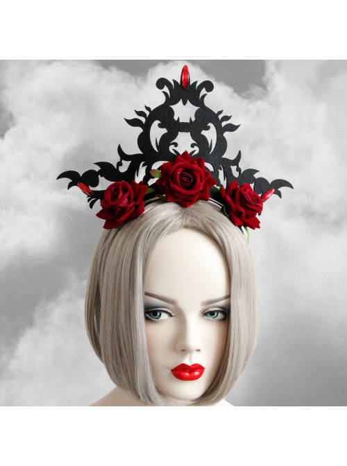 Gothic Queen Red Rose Exaggerated Black Crown Felt Cloth Resin Diamond Headband