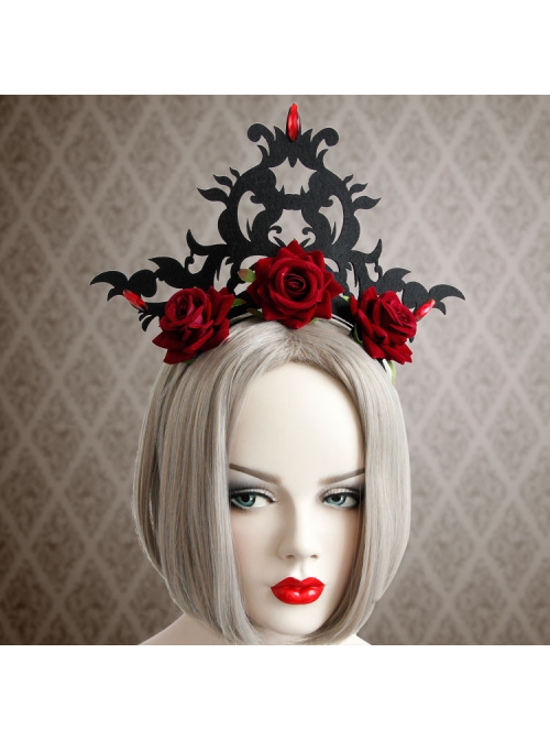 Gothic Queen Red Rose Exaggerated Black Crown Felt Cloth Resin Diamond Headband