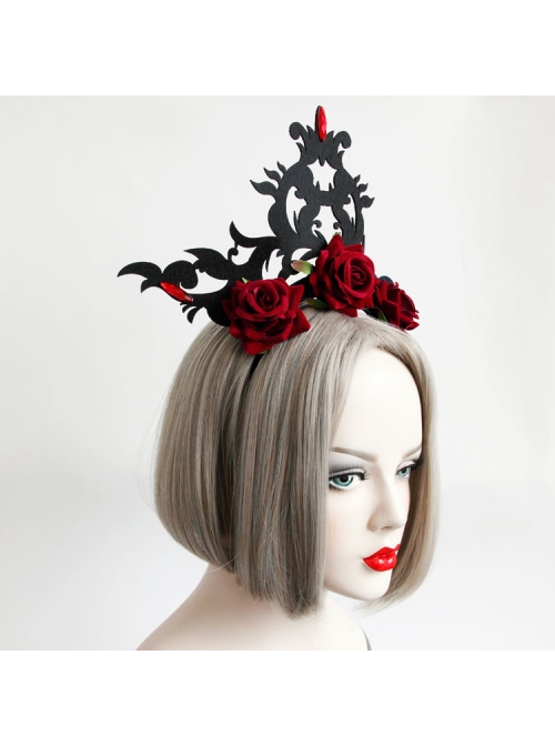 Gothic Queen Red Rose Exaggerated Black Crown Felt Cloth Resin Diamond Headband