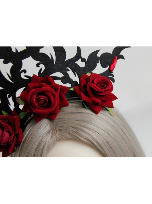 Gothic Queen Red Rose Exaggerated Black Crown Felt Cloth Resin Diamond Headband