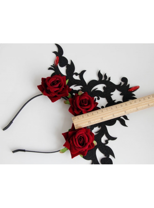 Gothic Queen Red Rose Exaggerated Black Crown Felt Cloth Resin Diamond Headband