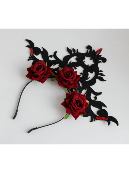 Gothic Queen Red Rose Exaggerated Black Crown Felt Cloth Resin Diamond Headband