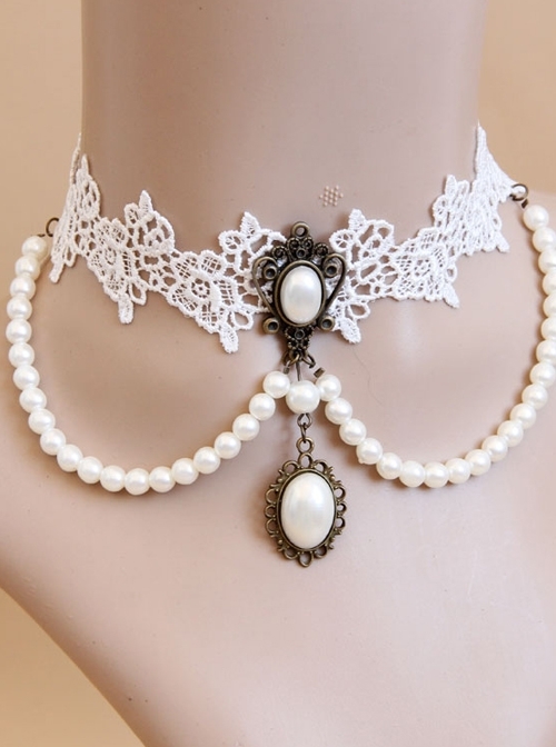 Lolita Bride Bridesmaid Wedding Party White Lace Pearl Female Choker