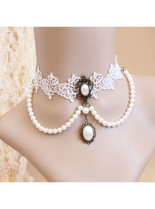 Lolita Bride Bridesmaid Wedding Party White Lace Pearl Female Choker