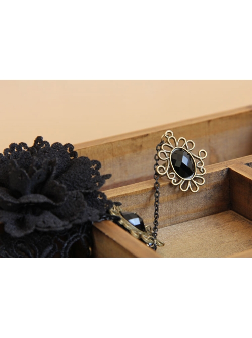 Black Retro Gothic Flower Handmade Lace Pearl Gemstone Bracelet With Ring One Chain