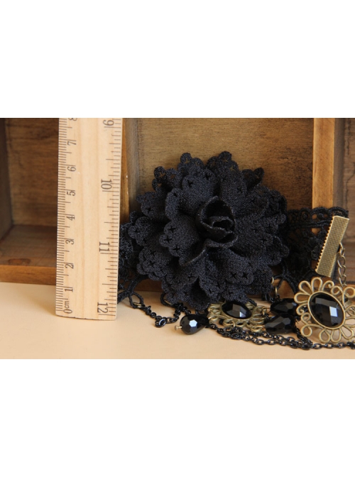 Black Retro Gothic Flower Handmade Lace Pearl Gemstone Bracelet With Ring One Chain