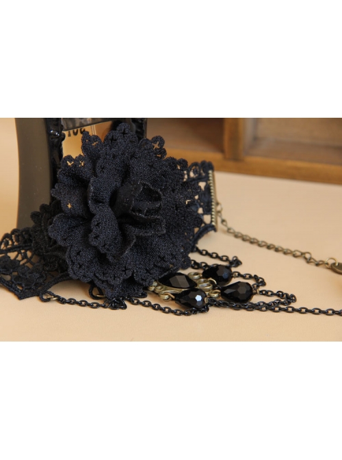 Black Retro Gothic Flower Handmade Lace Pearl Gemstone Bracelet With Ring One Chain