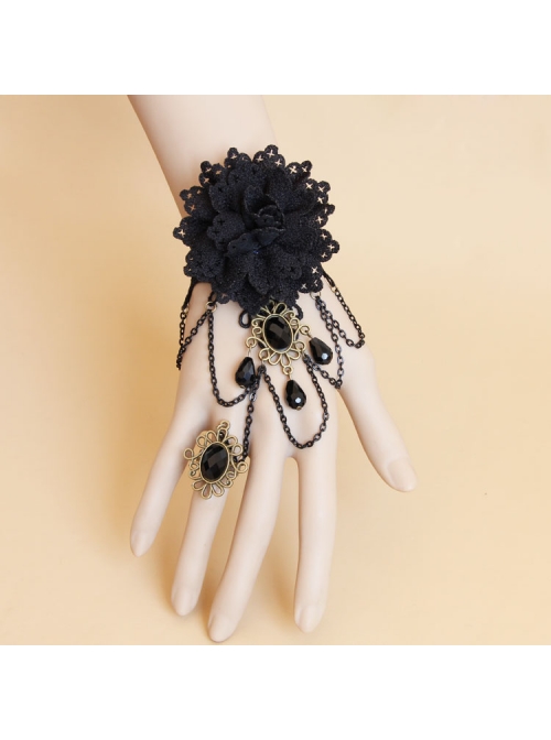 Black Retro Gothic Flower Handmade Lace Pearl Gemstone Bracelet With Ring One Chain