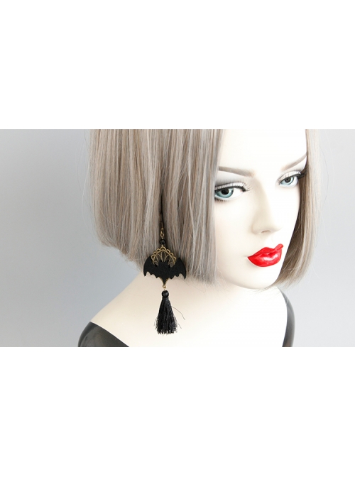 Personality Bat Fashion Temperament Halloween Gothic Black Tassel Felt Cloth Long Model Artificial Crystal Earrings
