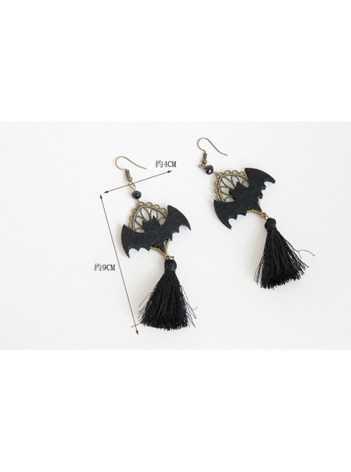 Personality Bat Fashion Temperament Halloween Gothic Black Tassel Felt Cloth Long Model Artificial Crystal Earrings