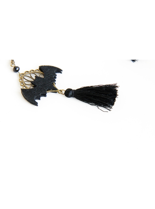 Personality Bat Fashion Temperament Halloween Gothic Black Tassel Felt Cloth Long Model Artificial Crystal Earrings