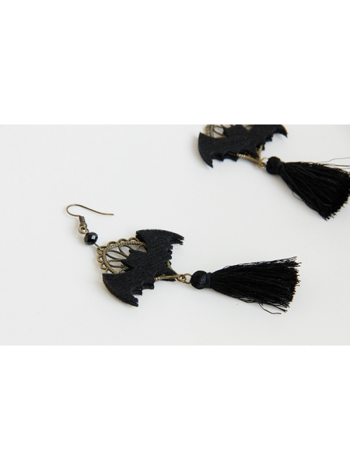 Personality Bat Fashion Temperament Halloween Gothic Black Tassel Felt Cloth Long Model Artificial Crystal Earrings