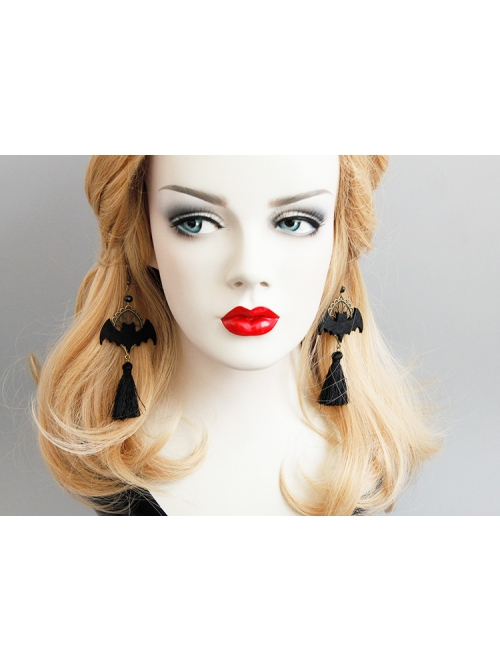 Personality Bat Fashion Temperament Halloween Gothic Black Tassel Felt Cloth Long Model Artificial Crystal Earrings