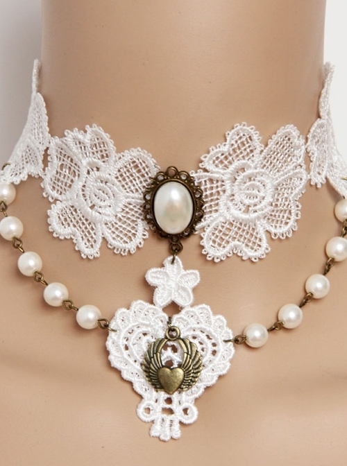 Vintage Baroque Bride Bridesmaid White Pearl Love Lace Flower Wings Necklace