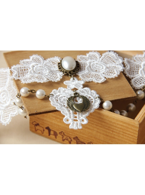 Vintage Baroque Bride Bridesmaid White Pearl Love Lace Flower Wings Necklace