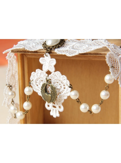 Vintage Baroque Bride Bridesmaid White Pearl Love Lace Flower Wings Necklace