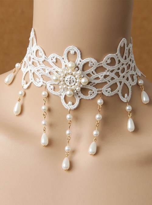 Lolita Baroque Sweet Princess Style White Pearl Lace Fashion All-match Wedding Necklace