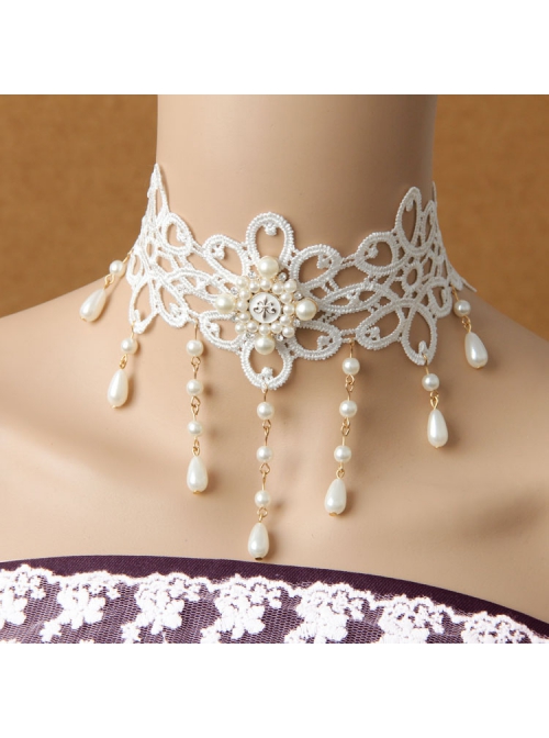 Lolita Baroque Sweet Princess Style White Pearl Lace Fashion All-match Wedding Necklace