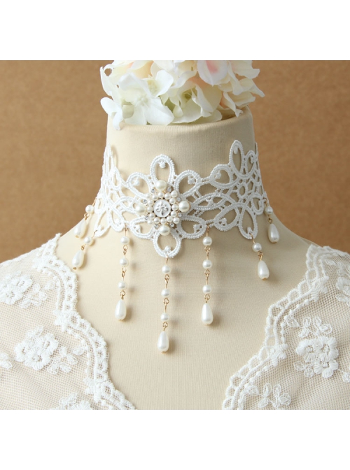 Lolita Baroque Sweet Princess Style White Pearl Lace Fashion All-match Wedding Necklace