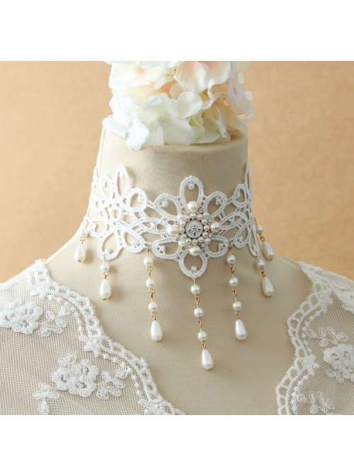 Lolita Baroque Sweet Princess Style White Pearl Lace Fashion All-match Wedding Necklace